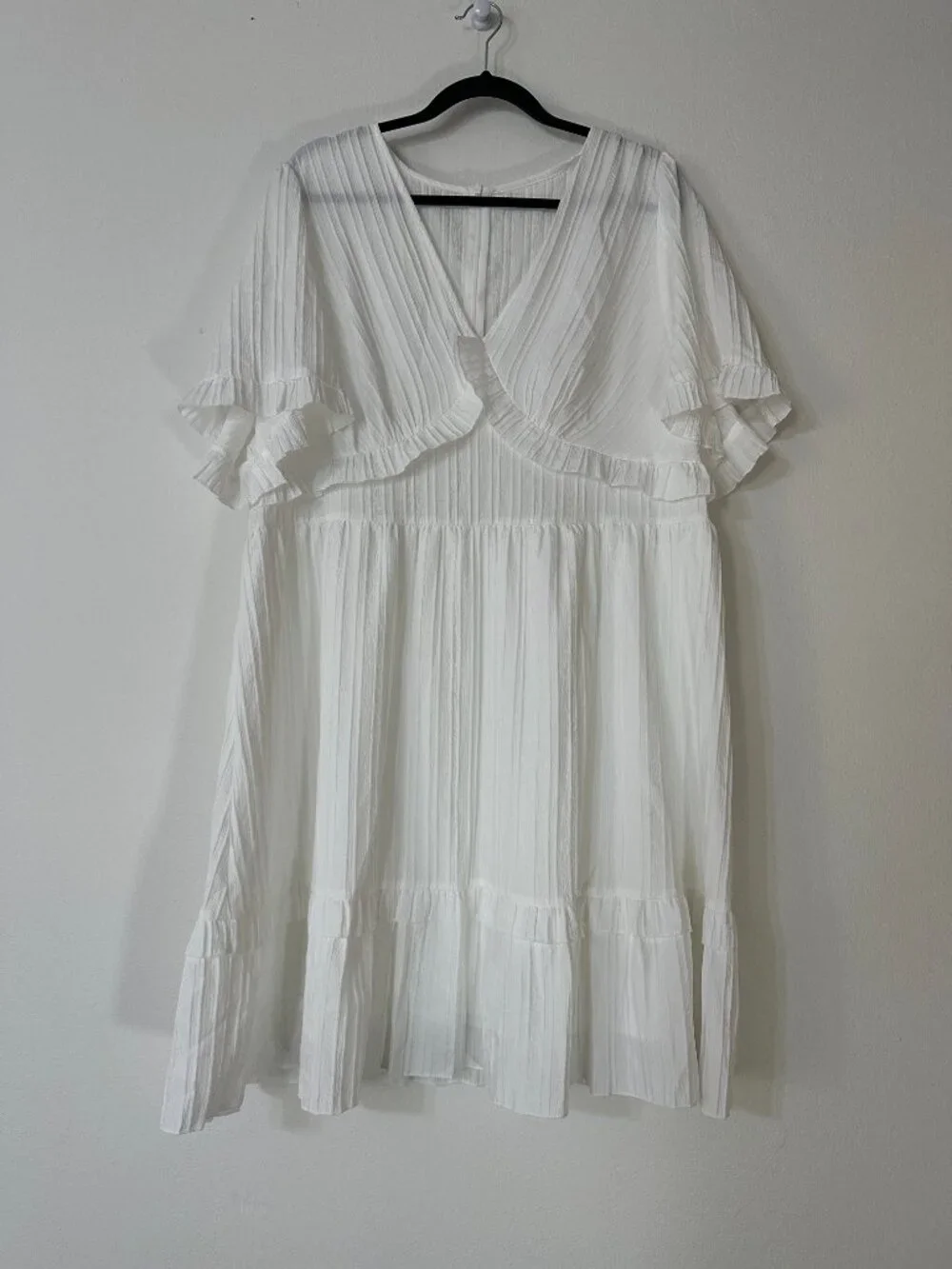 Amazon White V-Neck Pleated Flutter Sleeve Tiered A-Line Dress
